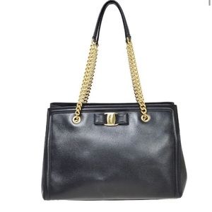 SALVATORE FERRAGAMO Vara Chain Shoulder Bag Leather Black